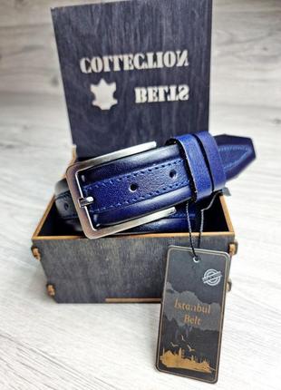 Ремень пояс мужской кожаный синий / ремінь пояс пасок чоловічий шкіряний синій