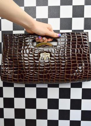 Сумка сумочка коричнева лакована клатч квадратна оригінальна вінтажний стиль рептилія5 фото