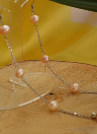 Сережки з рожевим перлами "павутинка"2 фото