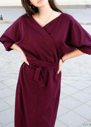 Бордовое платье на запах из льна в стиле кимоно1 фото