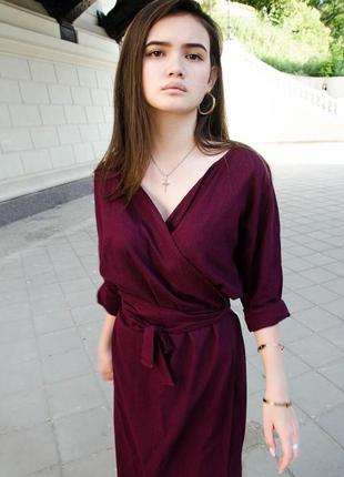 Бордовое платье на запах из льна в стиле кимоно2 фото