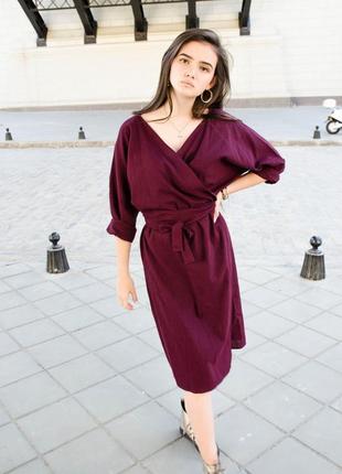 Бордовое платье на запах из льна в стиле кимоно3 фото