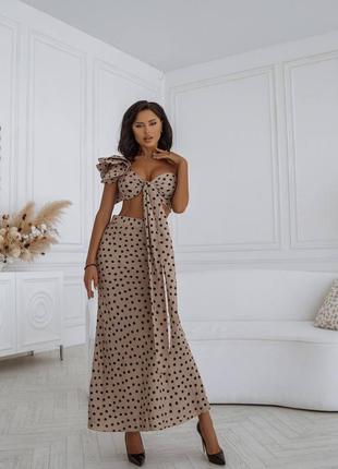 Костюм із спідницею та топом в горошок креп