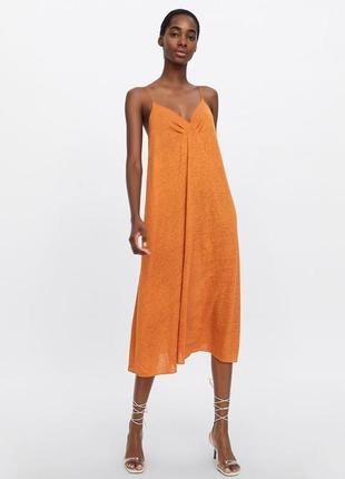 Помаранчеве лляне плаття сарафан на тонких бретелях міді zara