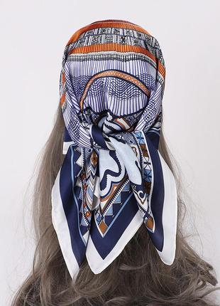 Женский платок косынка на голову сине-белая шелк армани 70*70 см