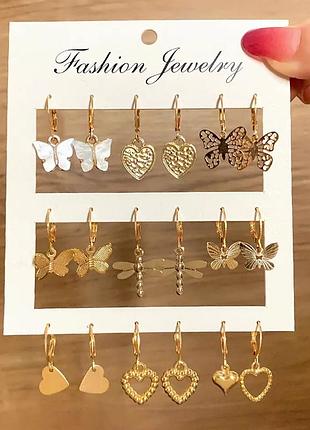 Набір сережок (9 пар), комплект сережок, сережки, сережки, сережки, прикраси, подарунок, срібло, золото