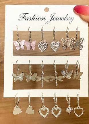 Набір сережок (9 пар), комплект сережок, сережки, сережки, сережки, прикраси, подарунок, срібло, золото