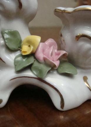 Антикварная статуэтка подсвечник путти музыкант фарфор dresden германия