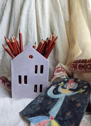 Стаканчик свічник будиночок для олівців кераміка ручної роботи фіолетовий3 фото