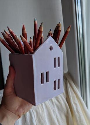 Стаканчик подсвечник домик для карандашей керамика ручной работы фиолетовый5 фото