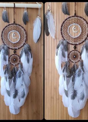 Ловець снів з місячним каменем, півмісяць, ловець снів композиція на корчі.