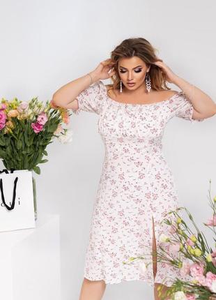 Сарафан цветочный летний миди с разрезом и рукавами фонариками батал