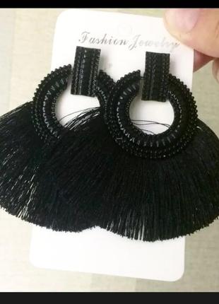 Серьги черные сережки нити кисти бахрома2 фото