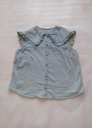 Джинсовая блуза с рюшиками на воротнике1 фото