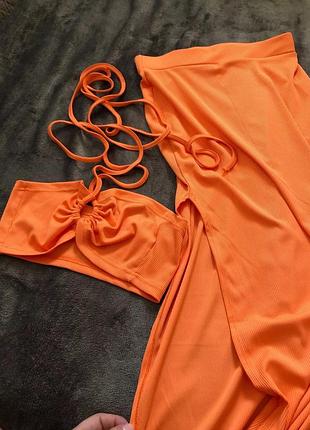 Комплект оранжевый юбка и топ летний костюм