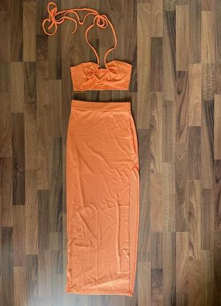 Комплект оранжевый юбка и топ летний костюм
