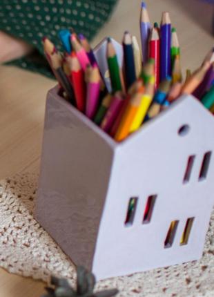Стаканчик свічник будиночок для олівців кераміка ручної роботи фіолетовий2 фото