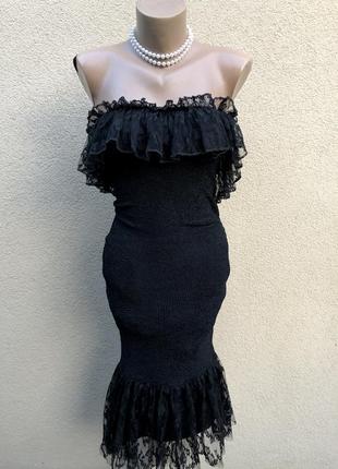 Винтаж,чёрное платье жатка,рюши,воланы,гипюр,люкс бренд,hunza1 фото