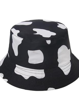 Двостороння панама з коров'ячим принтом, чорна, літня