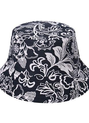 Двостороння панама з етнічним прінтом квітів , чорна, річна