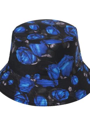Двостороння панама із синіми трояндами, чорна, літня