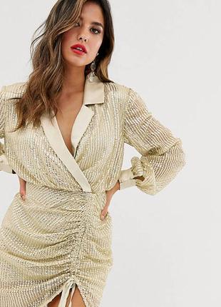 Платье пиджак мини обшитое пайетками золотой 44 размер4 фото