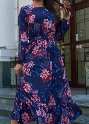 Женское длинное платье миди с карманами принт цветы / горошек