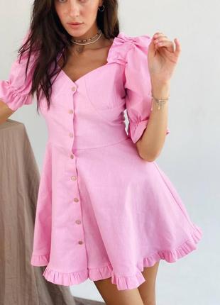 Розпродаж рожева сукня з льону сонце-кльош з імітацією чашок на грудях♥️4 фото