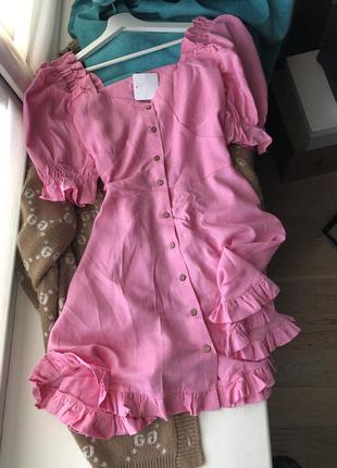 Розпродаж рожева сукня з льону сонце-кльош з імітацією чашок на грудях♥️2 фото