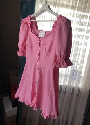 Розпродаж рожева сукня з льону сонце-кльош з імітацією чашок на грудях♥️8 фото