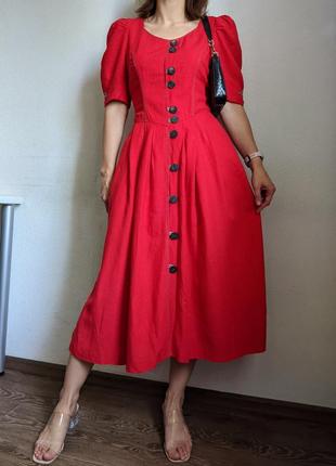 Платье винтажное красное лен вискоза австрия m l миди3 фото