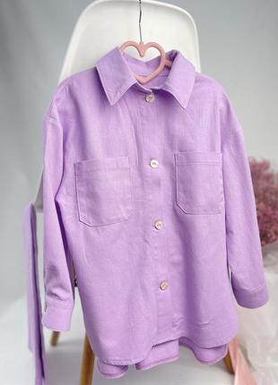 Костюм літній для дівчаток з льону лавандовий колір сорочка та штани2 фото