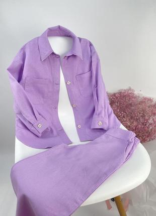 Костюм літній для дівчаток з льону лавандовий колір сорочка та штани8 фото
