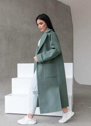Есть видео!! пальто халат с поясом на запах длинное с разрезами сбоку оливка хаки мята зелёное класика деловое демисезонное6 фото