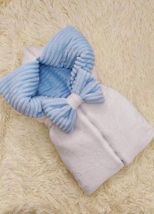 Теплый конверт трансформер "киндер" для новорожденных, флис + плюша, белый + голубой2 фото