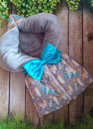 Трансформер хлопковый на махре конверт + спальник + одеяло, серо-голубой1 фото