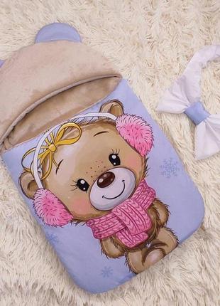 Дитячий конверт - спальник для дівчинки, принт "ведмедик", плащова/махра3 фото
