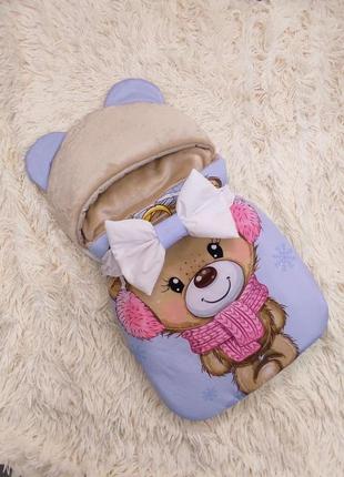 Дитячий конверт - спальник для дівчинки, принт "ведмедик", плащова/махра1 фото