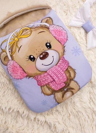 Дитячий конверт - спальник для дівчинки, принт "ведмедик", плащова/махра2 фото