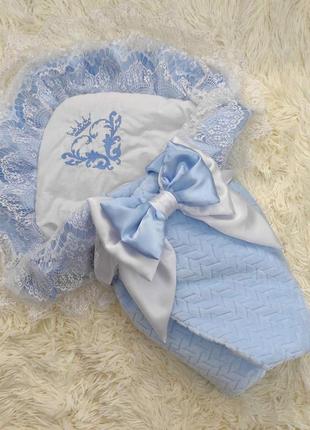 Нарядный зимний конверт - одеяло на выписку, плюшевый голубой4 фото