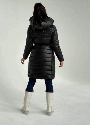 Длинное пальто из плащевки стеганной на силиконе 200, с капюшоном хто3 фото