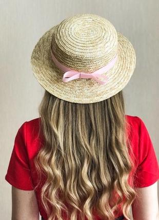 Солом'яний капелюх канотьє рожева стрічка1 фото