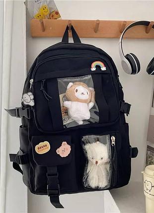 Рюкзак школьный для девочки teddy (тедди) с брелком мишка и стикерами черный goghvinci (av305)