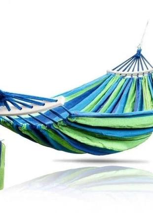Гамак бавовняний з планкою в чохлі 100 х 200см (зелено-синій)