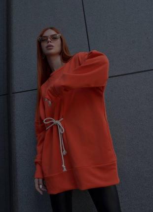 Жіночий помаранчевий світшот зі шнурком оверсайз подовжений однотонний трендовий стильний кеплая кофта туреччина