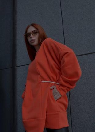 Женский оранжевый свитшот со шнурком оверсайз удлиненный однотонный трендовый стильный кеплая кофта турция7 фото