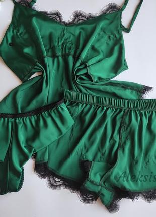 Шелковая зеленая пижама с черным кружевом+ трусики и резинка для волос в подарок3 фото