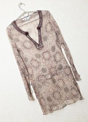 Zara трендова блуза туніка коричнева/бежева жатка натуральний шовк, шифон на літо/пляж/для лосин