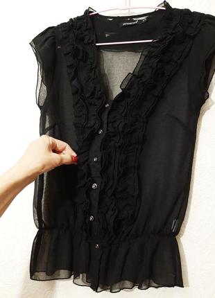 Atmosphere брендовая нарядная чёрная блуза женская с рюшами шёлковая шифон короткие рукава4 фото