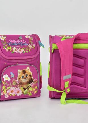 Школьный ранец, рюкзак розового цвета с салатовыми вставками и изображением котика